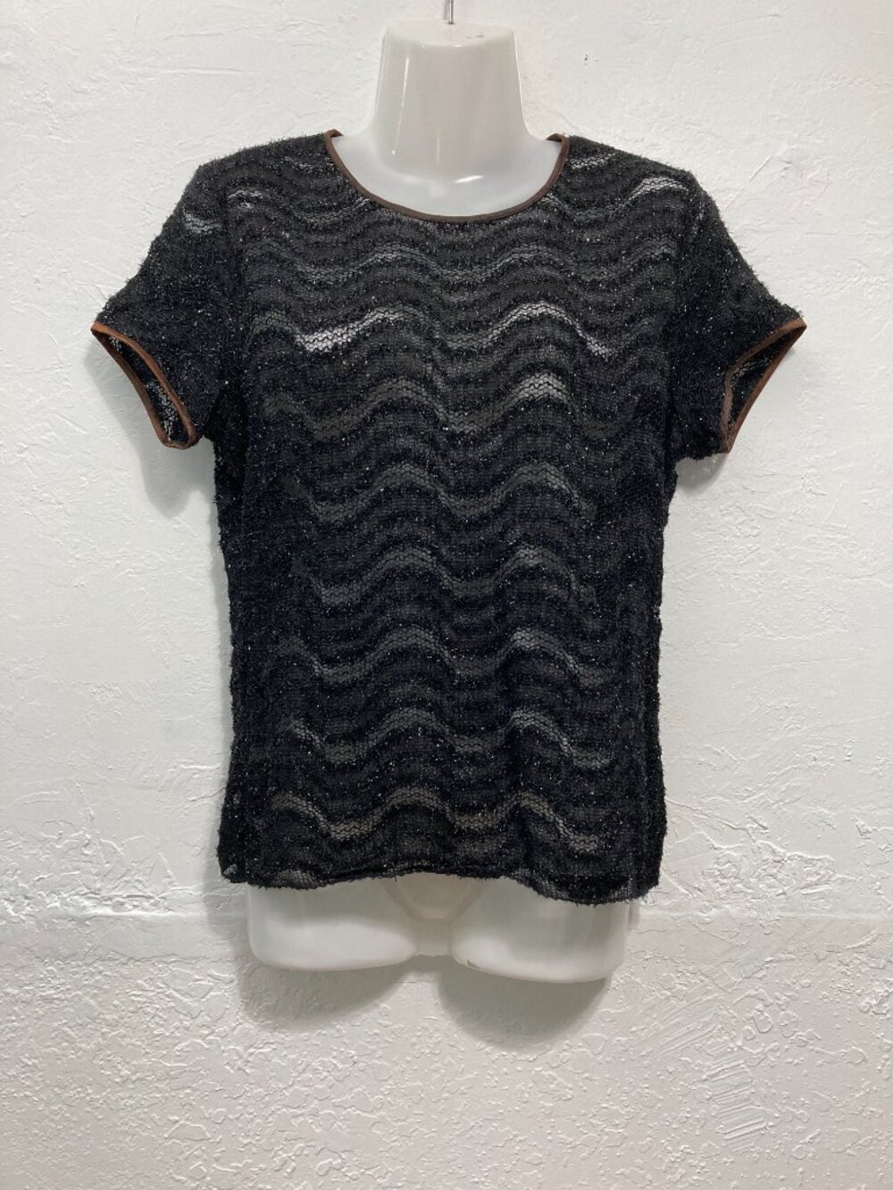 VTG Ann Tjian for Kenar Lace Sheer Top Overlay Short Sleeve Party Black Grunge L